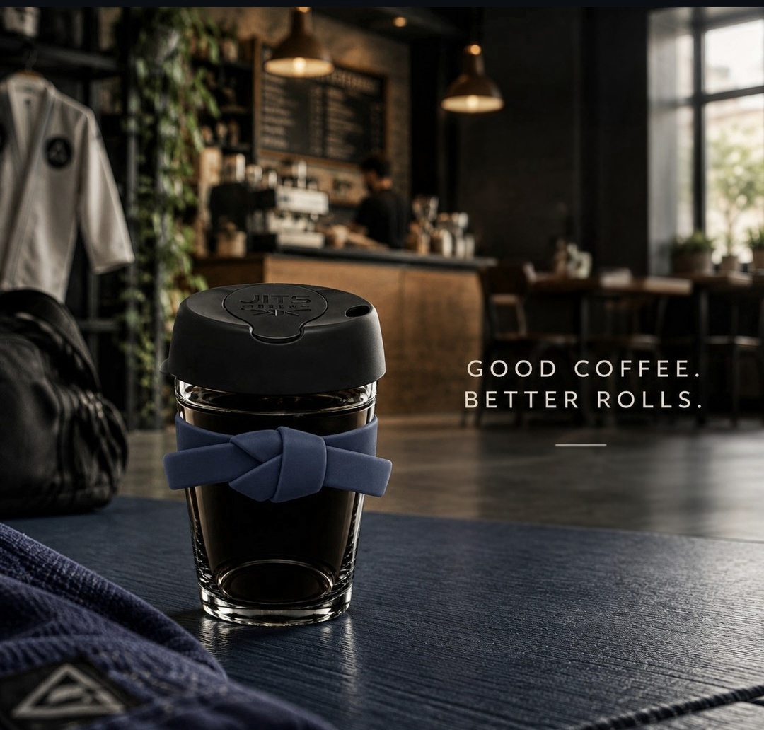 Jits Brew cup with blue belt band in a café