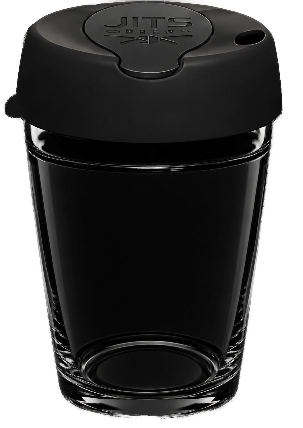 Jits Brew cup with black lid and black centre