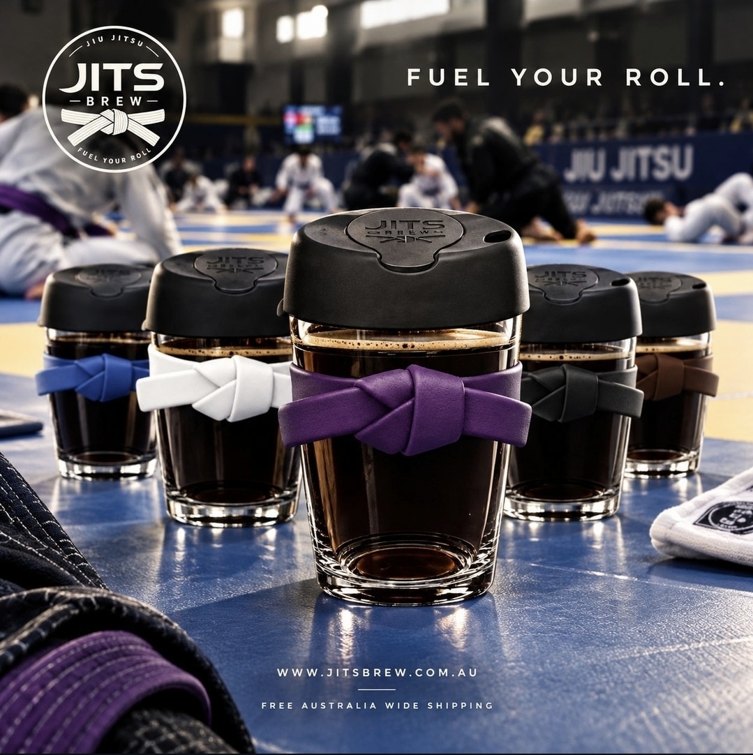 Five Jits Brew cups with white, blue, purple, brown and black belt bands